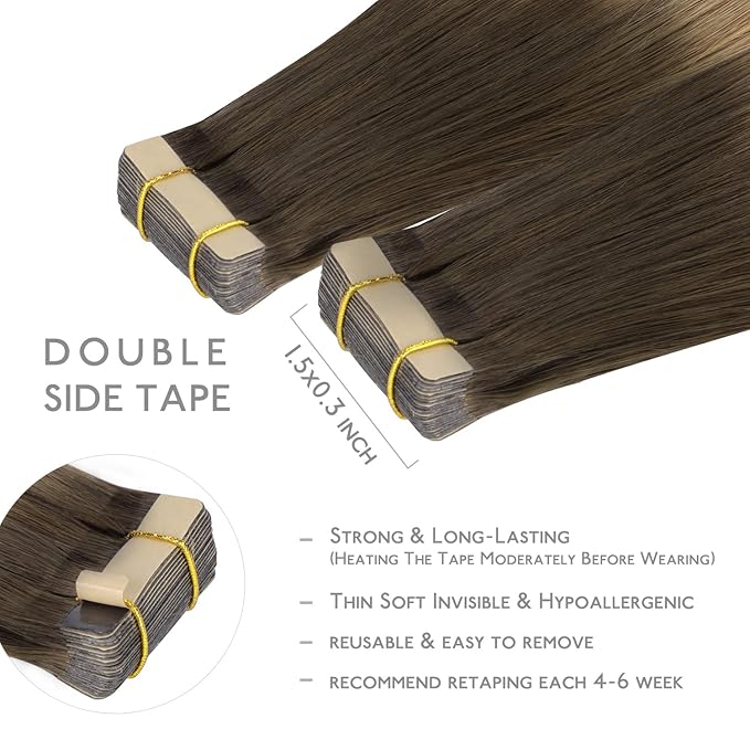 WENNALIFE Tape in Hair Extensions Human Hair, 20pcs 14 inch 50g Ombre Walnut Brown to Ash Brown and Bleach Blonde Remy Tape Hair Extensions Real Human Hair Tape Extensions Coloured Hair Extensions