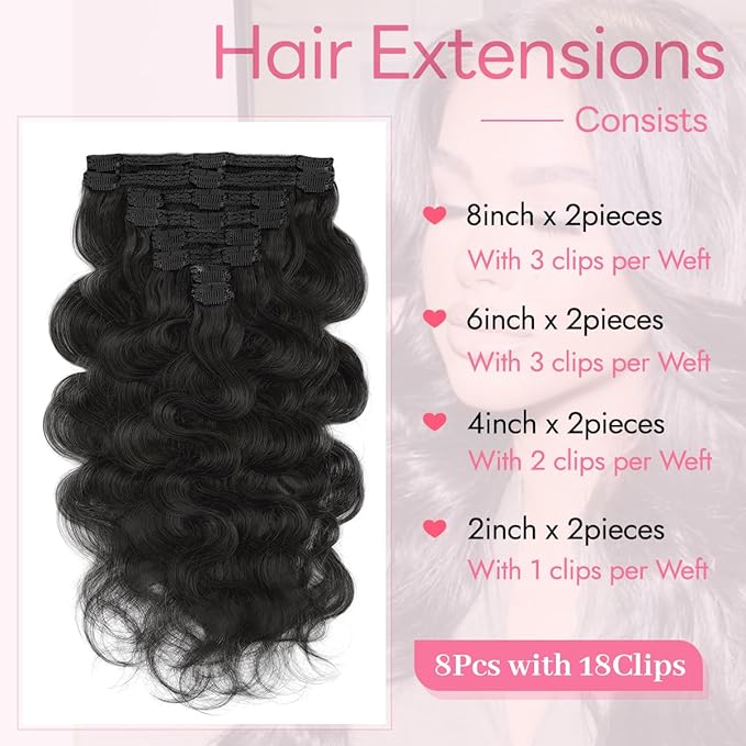 Clip in Hair Extensions Real Human Hair Body Wave 1 Jet Black Clip in 100% Brazilian Remy Human Hair Extensions 8pcs Per Set with 18 Clips Double Weft 22 Inch 110g/3.6oz