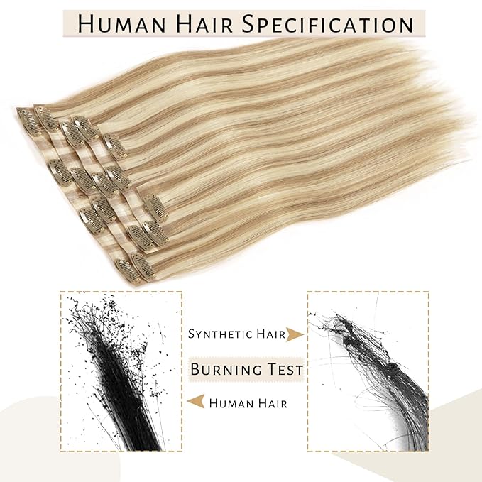 Caliee Balayage Clip in Hair Extensions 100% Virgin Human Hair Silky Soft PU Skin Weft 7Pcs with 16 Clips P8-60A Light Brown with Platinum Blonde Real Hair Clip in Human Hair for Women 20Inch 110G