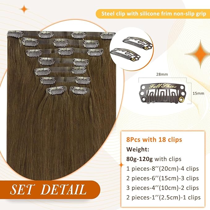 Full Shine Brown Clip in Human Hair Extensions 18 Inch Seamless Clip in Hair Extensions,Pu Weft Medium Brown Real Human Hair Clip in Extensions Straight Brazilian Hair 8 Pcs 120G