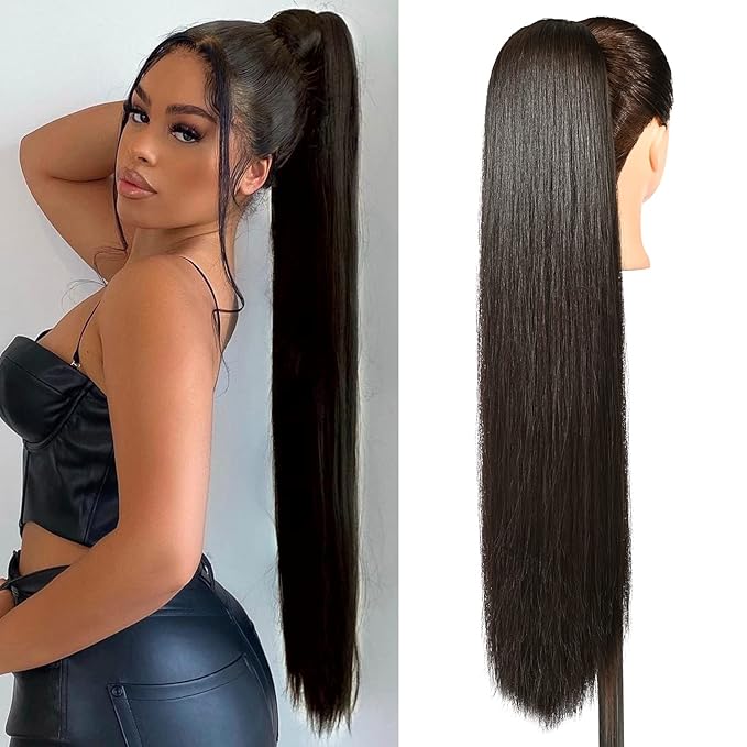 SEIKEA Ponytail Extensions Drawstring Long Straight Fake Pony Tail Natural Soft Clip in Hair Extension Synthetic Heat Resistant Hairpiece 32 Inch 165 Gram Black Brown