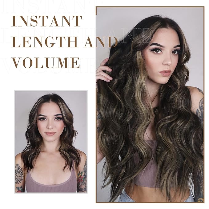 REECHO Hair Extensions, 4PCS Clip in Hair Extensions HE001 Natural Soft Synthetic Hairpieces for Women (20 Inch-200 Gram (Pack of 4), Ash Brown with Blonde Ends)