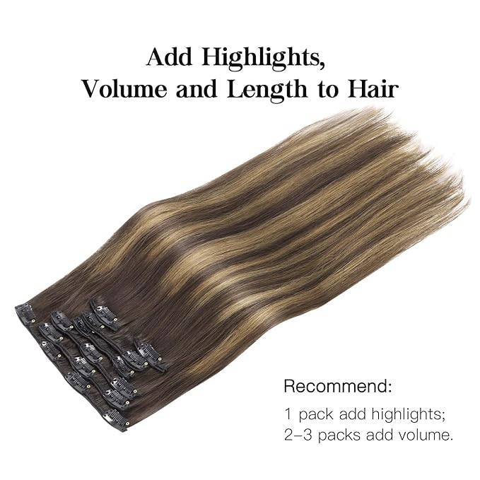 HOTBANANA Human Hair Clip in Hair Extensions, Balayage Dark Brown Mixed Chestnut Brown 75g Clip in Hair Extensions Real Human Hair Straight Remy Hair Dark Roots Ombre 12 Inch 7pcs