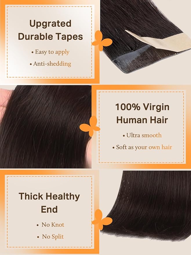 DOORES Human Hair Extensions Tape in, Dark Brown 24 Inch 10pcs 30g, Tape in Hair Extensions Human Hair Remy Skin Weft Hair Extensions Natural Hair Straight