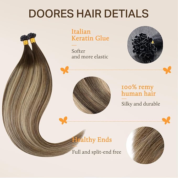 DOORES K Tip Hair Extensions, Chocolate Brown to Honey Blonde 16 Inch 50g/50s, U Tip Hair Extensions Human Hair