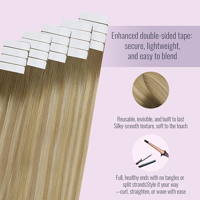 Fshine Tape in Hair Extensions 12 Inch Balayage Chestnut Brown to Caramel and Platinum Blonde Human Ombre Short 30 Grams 20pcs