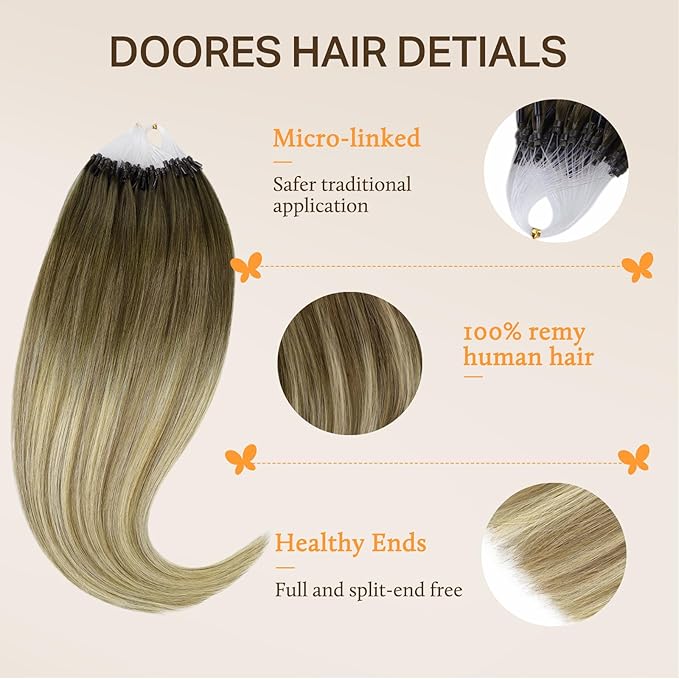 DOORES Micro Bead Hair Extensions Real Human Hair, Balayage Walnut Brown to Ash Brown and Bleach Blonde 24 Inch 50g/50s, Natural Long Straight Extensions