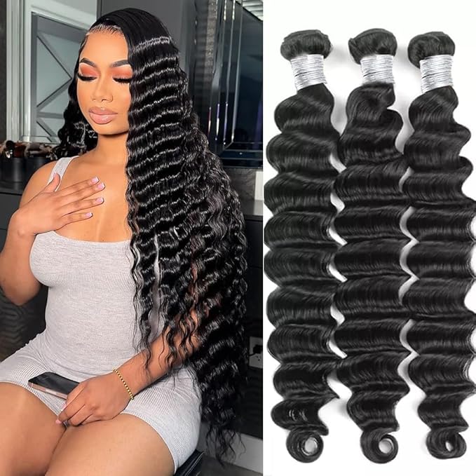 Loose Deep Wave Human Hair Bundles 22 24 26 Inches 3 Bundles Human Hair 100% Virgin Brazilian Hair Natural Color Weave Bundles for Woman