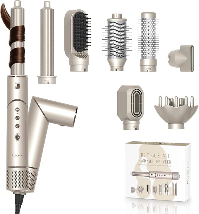 RUCHA 8-in-1 Foldable Hot Air Styler, 110,000 RPM High Speed Hair Nora Styler, Air Curler for Hair, Negative Ion Hot Air Bursh for Frizz-Free Styling Fast Drying Curling Straightening Volumizing