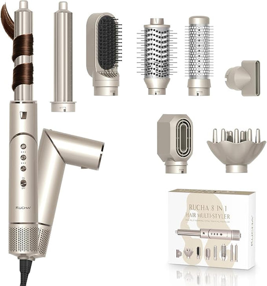RUCHA 8-in-1 Foldable Hot Air Styler, 110,000 RPM High Speed Hair Nora Styler, Air Curler for Hair, Negative Ion Hot Air Bursh for Frizz-Free Styling Fast Drying Curling Straightening Volumizing