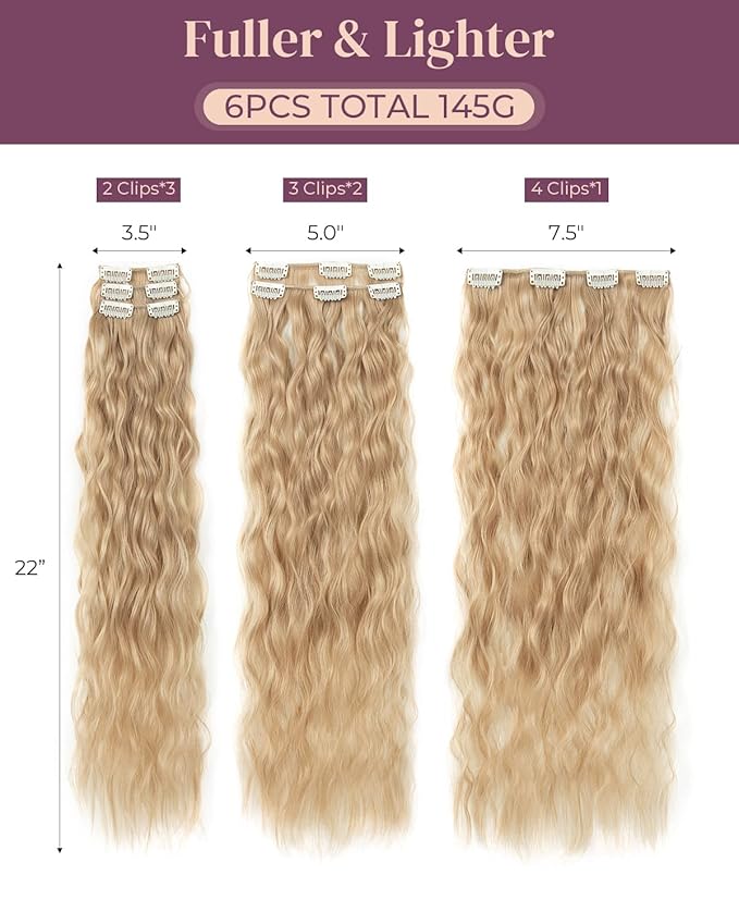 LONAI 6PCS Clip In Hair Extensions, 24" Blonde Hair Extensions Long Mermaid Waves Wavy Synthetic Clip On Hairpiece For Women Natural Black Hair For Daily Use Party（Ash Brown）