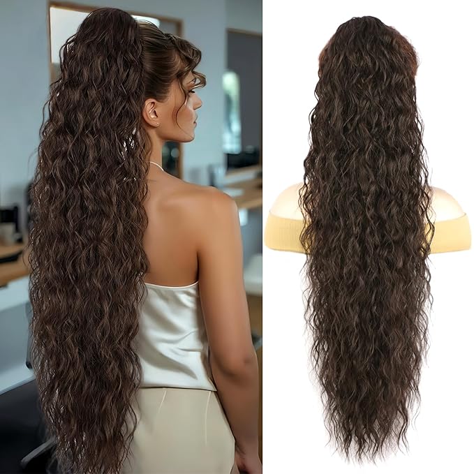 ENBEAUTIFUL 30" Claw Clip Ponytail Extension Long Wavy Ponytail Extension Synthetic Fluffy Natural Looking Pony Tails Hair Extensions Clip in Hair pieces for Women Dark Brown