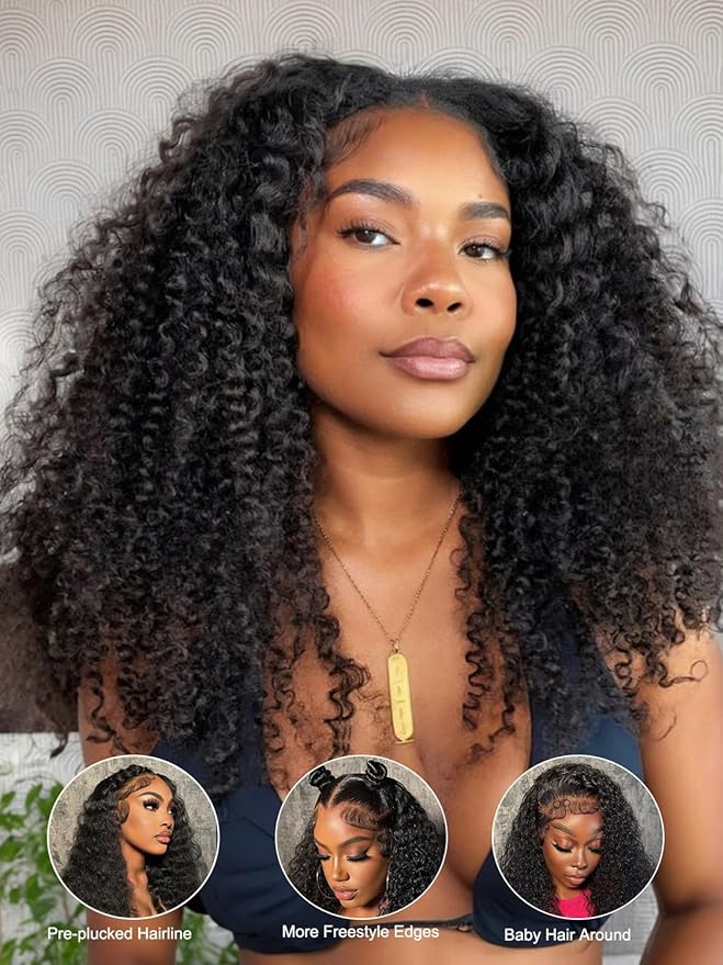 ORIGINAL QUEEN Kinky Curly Lace Front Wigs Human Hair 200 Density 13x6 Lace Frontal Wig Afro Curly Human Hair Wigs for Women Pre Plucked Pre Bleached Knots Natural Color 30Inch