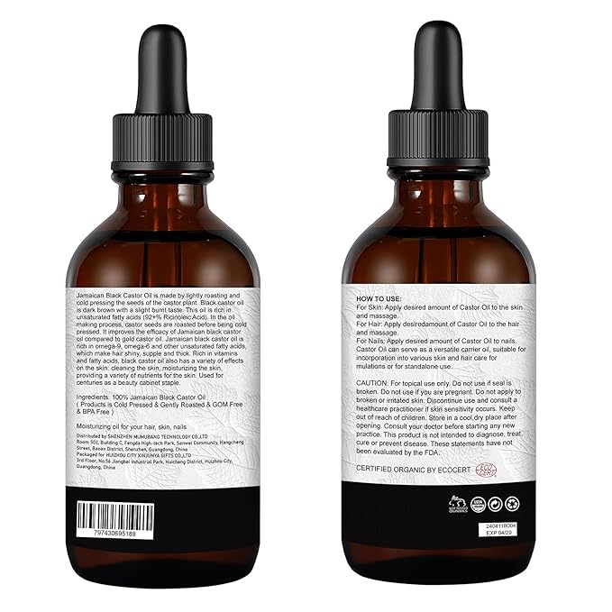 Organic Jamaican Black Castor Oil in Glass Bottle Cold Pressed Hexane Free, 100% Pure Natural Hair Strengthening Oil, Black Castor Oi for Hair Growth Eyelashes Eyebrows (2oz/60ml)