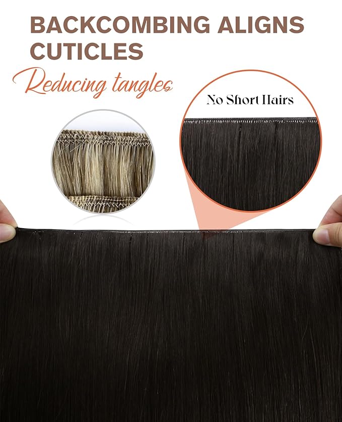 Sunny Hair Genius Weft Hair Extensions Human Hair Dark Brown Genius Weft Sew in Hair Extensions Real Human Hair Brown One Piece Hair Weft Extensions for Women 16inch #2