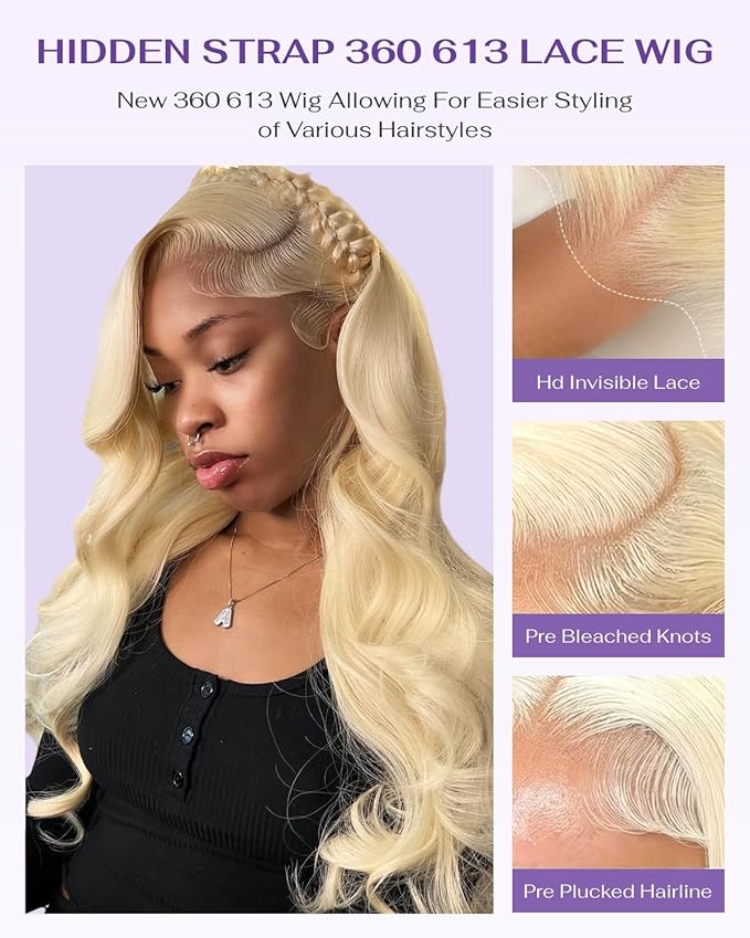 Hidden Strap Body Wave 360 613 Lace Front Wig Human Hair Glueless Wigs Human hair Pre Plucked Pre Bleached 180% Density Blonde Wig With Drawstring HD Full Lace Human Hair Wigs 20Inch