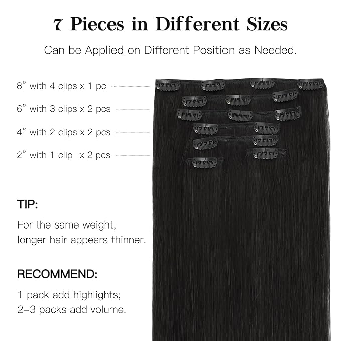 HOTBANANA Human Hair Clip in Hair Extensions, Natural Black 75g Clip in Hair Extensions Real Human Hair Straight Remy Hair Clip in Hair Extensions 12 Inch 7pcs