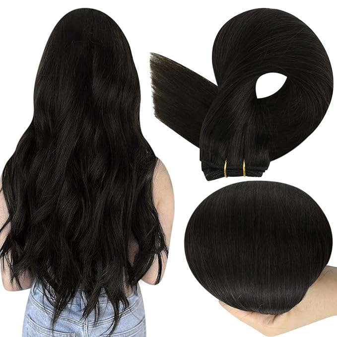 Full Shine Sew In Hair Extensions Color Off Black Human Hair Bundles Remy Straight Hair Weft Hair Extensions Sew In Real Human Hair Weft Extensions 80G 12 Inch