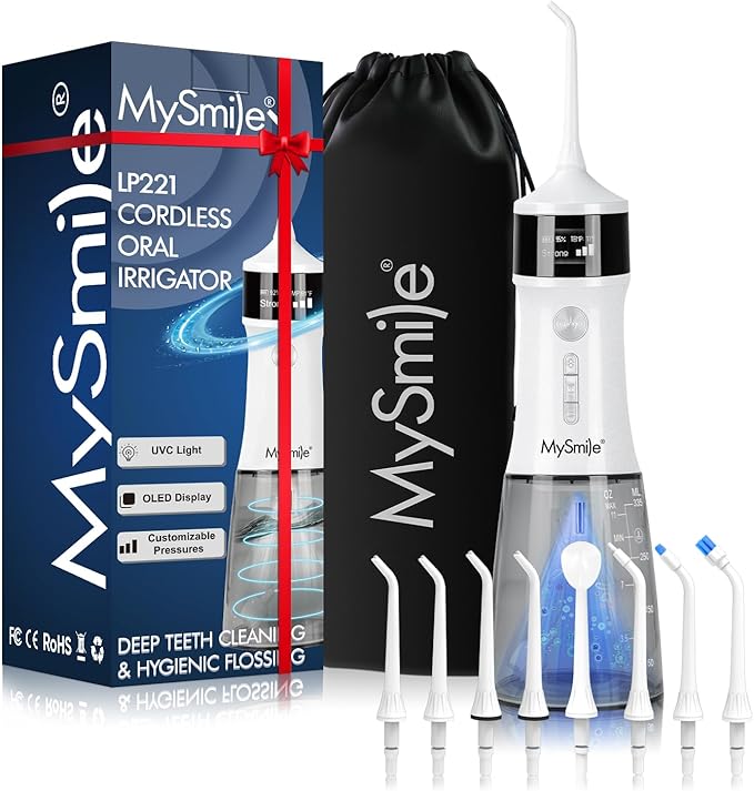 MySmile LP221 UVC Sterilizable Cordless Water Flossers for Teeth 335ML Portable OLED Display Dental Flosser with 4 Modes 8 Jet Tips and a Storage Pouch for Home and Travel (Pearl White)