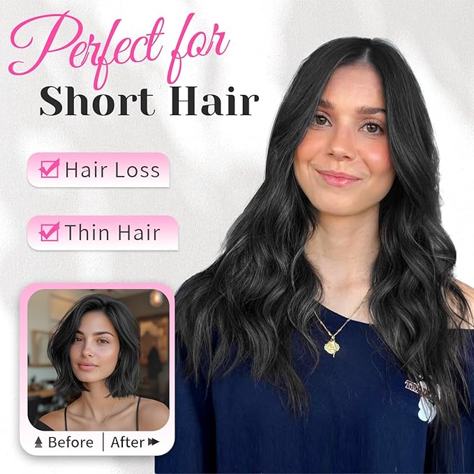 KooKaStyle Short Hair Extensions 6PCS 14 Inch Wavy Curly Hairpieces Synthetic Soft Lace Weft Clip in Hair Extensions-Black for Women