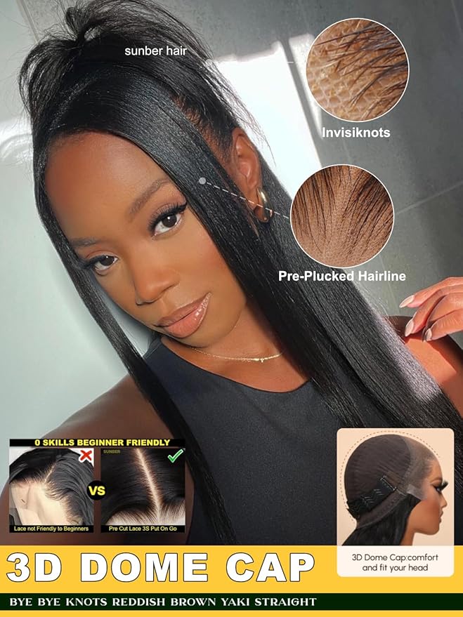 Sunber Yaki Straight Human Hair Pre Everything 13x4 Lace Frontal Glueless Wig Pre Cut Lace Pre Bleached Invisible Knots 180% Density Put on Go Bye Bye Knots No Glue 22Inch Yaki Straight Human Hair Wig