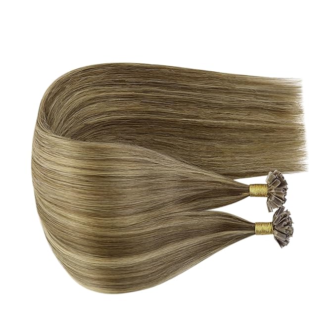 Fshine U Tip Extensions Real Human Hair Color 4 Highlighted 27 Brown and Honey Blonde K Tip Hair Extensions 18 Inch Hair Extensions for Short Hair Keratin Tip Extensions 1g/Strand 50g/Pack