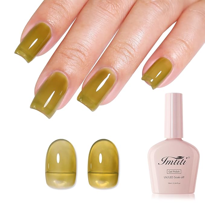 Imtiti Olive Green Jelly Gel Nail Polish, Army Green Sheer Translucent UV Gel Polish for Nail Art Soak off UV Led 10ML