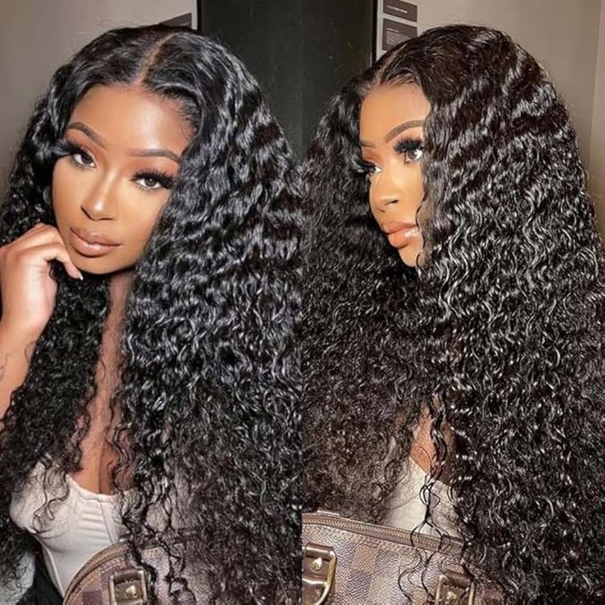 LICHANG Deep Wave 4x4 Transparent Lace Front Wigs Human Hair for Black Women Pre Plucked 180% Density Nature Color 24 Inch