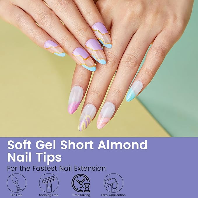 Short Almond Nail Tips: 240PCS Soft Gel Pre-Shaped Acrylic Fake Almond Nail Tips, 12 Sizes Full Cover Clear Press on Nails for Girls Women Nail Art Design