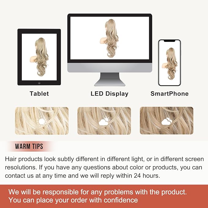 FLUFYMOOZ 26" Ponytail Extension, Long Wavy Curly Claw Clip in Ponytail Hair Extensions, Natural Synthetic Hairpiece for Women Daily Wear(Blonde with White Blonde Highlights)