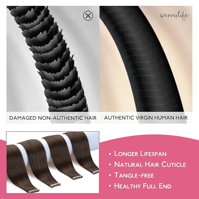 Wennalife Tape in Hair Extensions Human Hair Chocolate Brown Tape in Extensions, 10pcs 30g 26 inch Remy Invisible Tape Ins Straight Soft Real Human Hair Tape in Extensions Refill Set Extensions