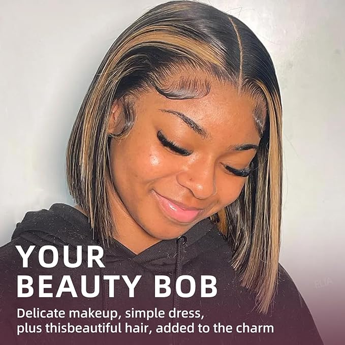 FB30 Ombre Bob Wig Human Hair Real 210% Density Ready to Go Glueless Wig 12a Straight Highlight Bob Wigs Human Hair Pre Cut Lace Pre Bleached Tiny Knots (12inch, 13x4 FB30 Bob)