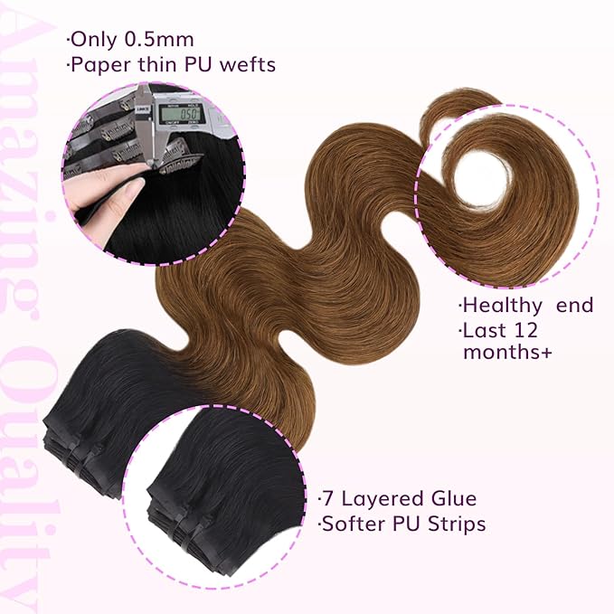 IDN BEAUTY Seamless Clip In Hair Extensions Human Hair 1B/30 Ombre Natural Black to Medium Auburn Body Wave Seamless Clip Ins For Black Women PU Weft Invisible Edge Thick Ends 110g 18 Inch 7pcs