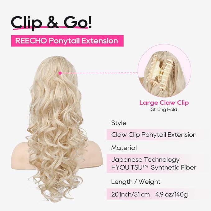 REECHO Ponytail Extension, 20” Claw Clip Ponytail Extension Curly Clip in Ponytail Long Pony Tails Hair Extensions for Women Fluffy Natural Looking Synthetic Hairpiece, Light Blonde