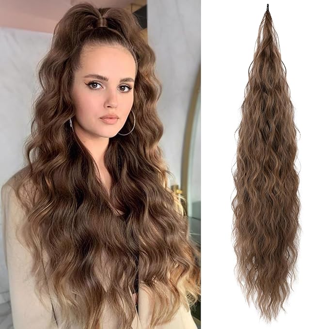 Flufymooz Ponytail Extension, Flexible Wrap Around Ponytail Extension Long Wavy Curly Ponytail Hair Extensions Natural pony tail Synthetic Hairpiece for Women 32 Inch (Brown with Auburn)