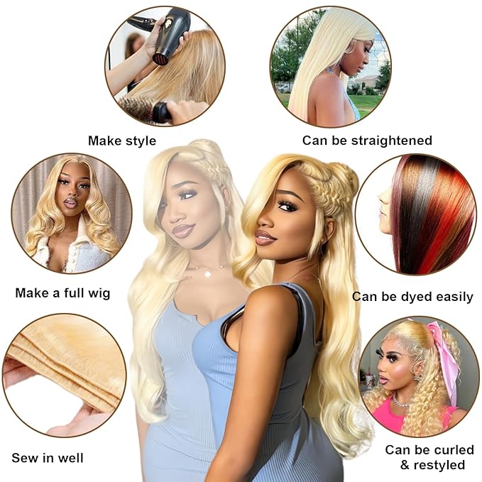 613 Bundles Human Hair 28 28 28 Inch Blonde Body Wave Human Hair Bundles 100% Unprocessed 12A Virgin Hair Weave Extensions