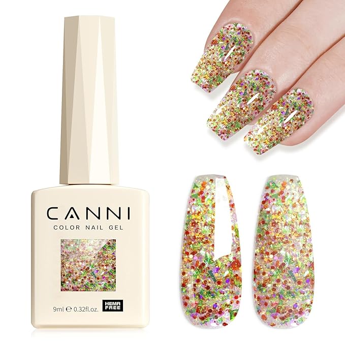 CANNI Glitter Gel Nail Polish – 1pcs 9ml Red Green Color, Soak Off UV LED Nail Gel for DIY Nail Art, Salon or Home Manicure