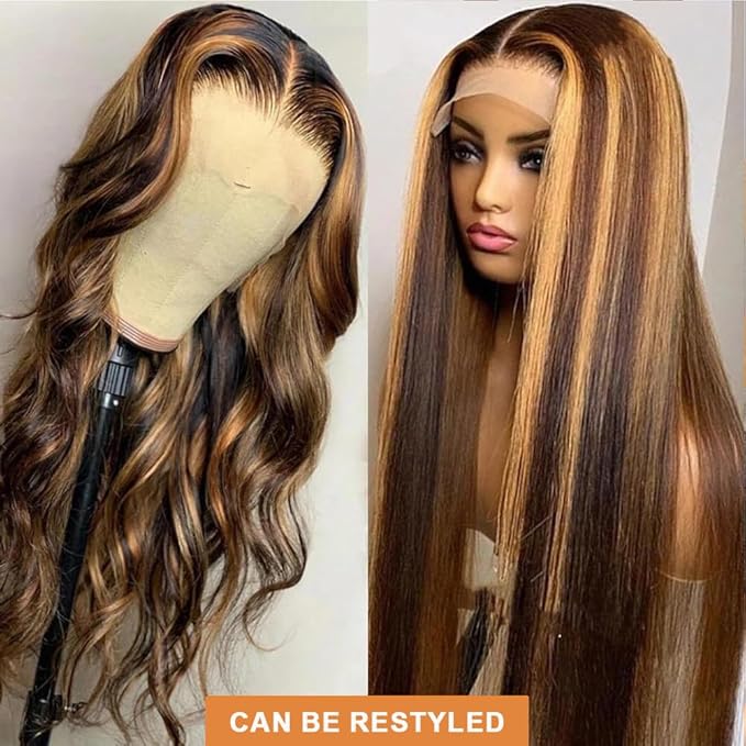 Tuneful 28 Inch 220 Density Honey Blonde Ombre 13X6 HD Lace Frontal Wig Human Hair Glueless Highlight 4/27 Colored Straight Lace Front Wigs Human Hair Pre Plucked for Women
