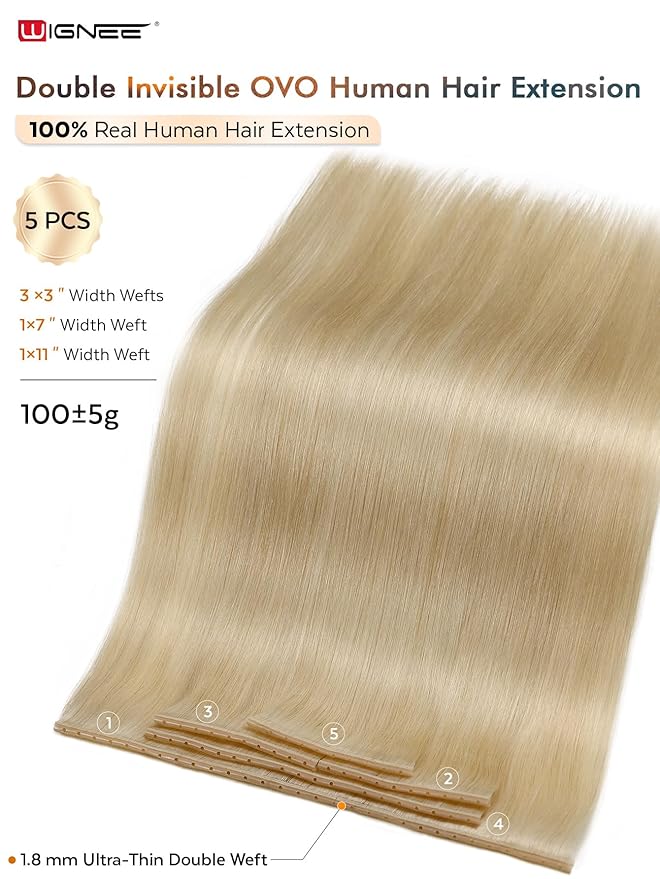 WIGNEE OVO Double Hand-Tied Butterfly Human Hair Extensions–20 Inch,100g,5PCS, Real Remy Human Hair, Glueless Micro Bead Install,Platinum Blonde Hair Extensions (60A) Seamless Soft Silky Reusable