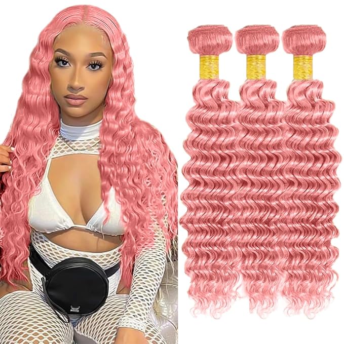 Pink Bundles Human Hair Pure Pink Deep Wave Bundles 20 22 24 Inch Freiuoke Hair Unprocessed Brazilian Virgin Remy Hair Extensions 300g