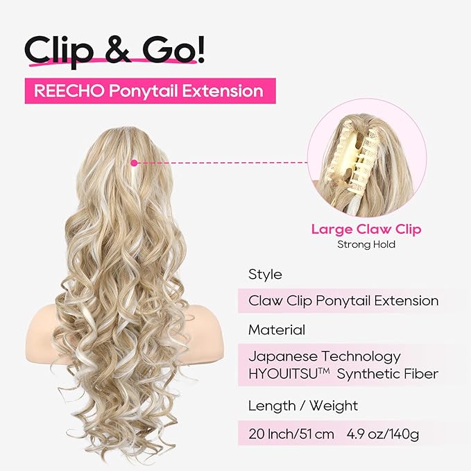 REECHO Ponytail Extension, 20” Claw Clip Ponytail Extension Curly Clip in Ponytail Long Pony Tails Hair Extensions for Women Fluffy Natural Looking Synthetic Hairpiece, Medium Blonde with Highlights