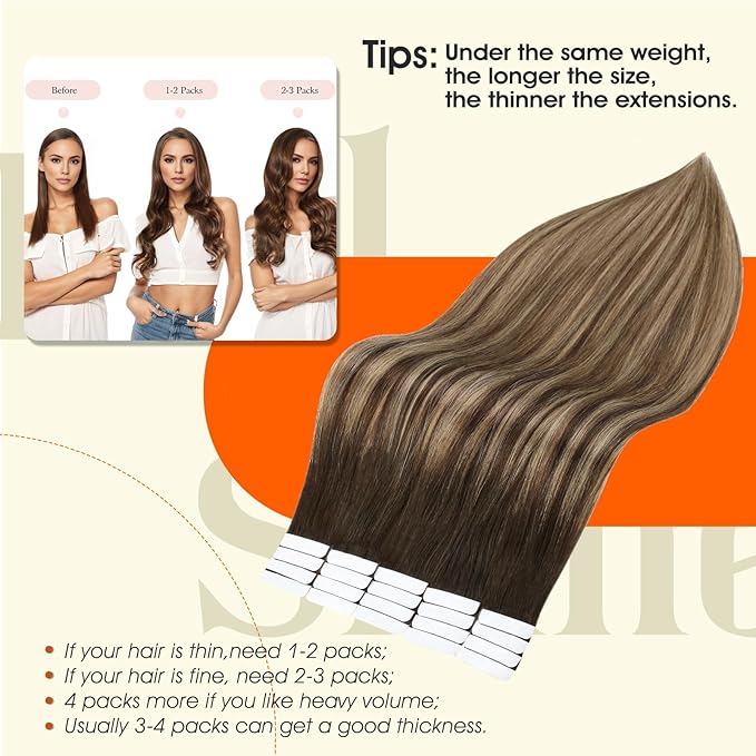 Full Shine Tape in extensions 22Inch Tape ins Human Hair extensions 50Gram Color 2 Dark Brown Ombre 27 Caramel Blonde And 3 Brown Invisible Human Hair Straight Skin Weft 20Pcs Seamless Remy Extension