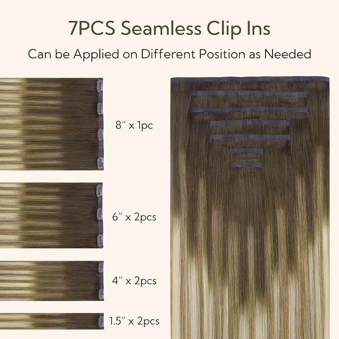 HOTBANANA Seamless Clip in Hair Extensions, 14 Inch 120g 7pcs Walnut Brown to Ash Brown and Bleach Blonde Invisible PU Skin Weft Straight Remy Human Hair Extensions