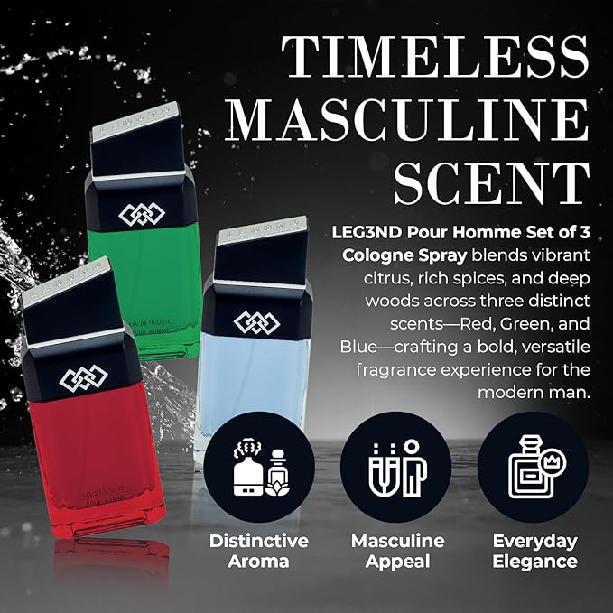 LEG3ND Pour Homme Set of 3 Cologne Spray - 0.5/15ml Eau de Parfum Spray Long-Lasting Scent with Elegant & Sleek Glass Bottle - Fragrances for Men Gift Set with Luxurious Fresh & Musculine Notes