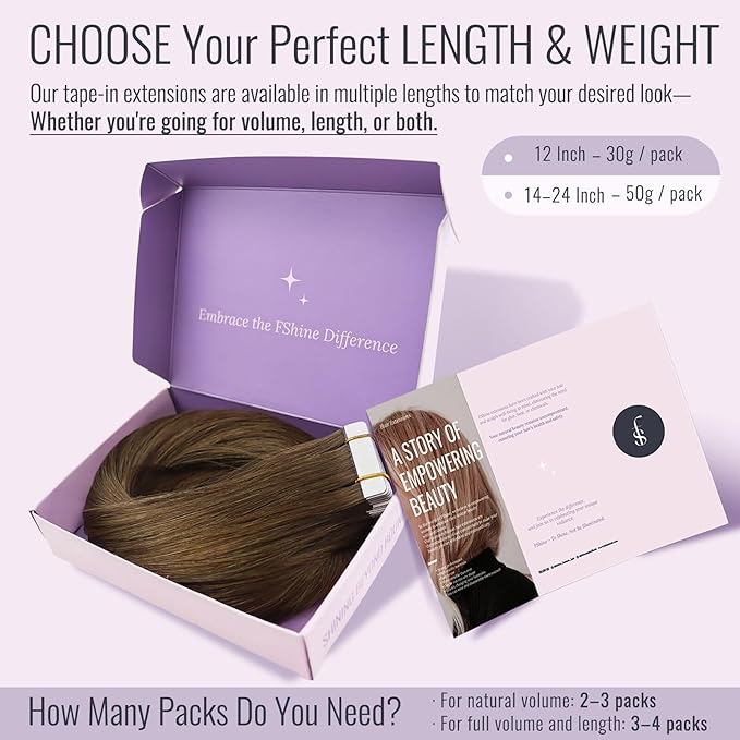 Fshine Tape In Hair Extensions Human Hair Medium Brown Long Straight for Woman, Party And Performance 24 Inch 50 g 20 pcs,for Brides & Bridesmaids