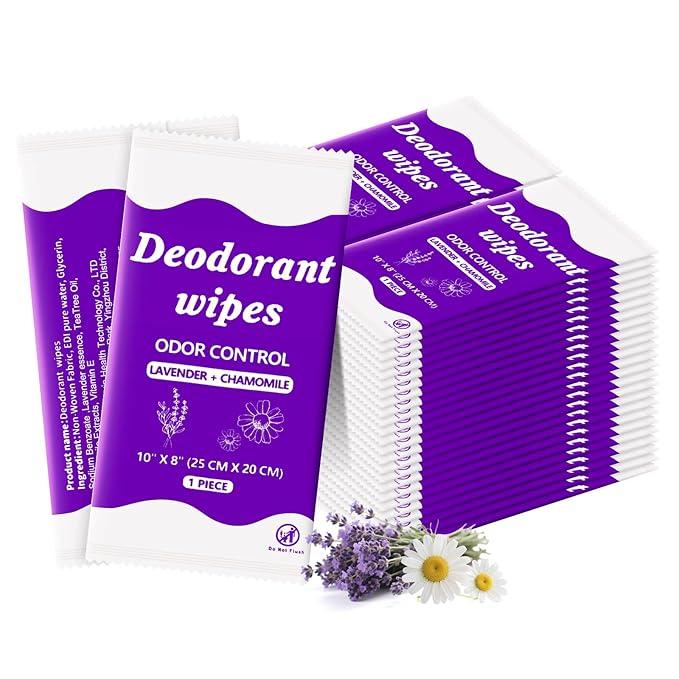 Travel Deodorant Body Shower Wipes Deodorizing Bathing Wipes, Disposable No Rinse Adults Women Men Individually Wrapped Underarm Sweat Antiperspirant Bath Wipe for Travel Camping Gym (Purple,100 Pack)