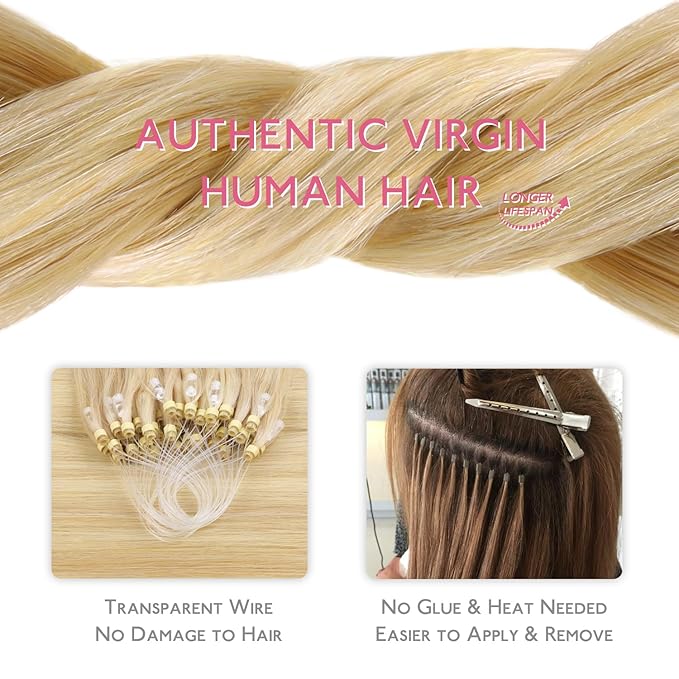 WENNALIFE Microlink Hair Extensions Human Hair, 50g 50s 20 Inch Light Blonde Highlighted Golden Blonde Remy Hair Microbead Micro Link Microloop Microring Invisible Straight Natural Fusion Installation