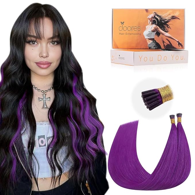 Doores Itips Hair Extensions Human Hair, Purple 14 Inch 25g/50s, Remy Hair Extensions, Purple Extensions Hair