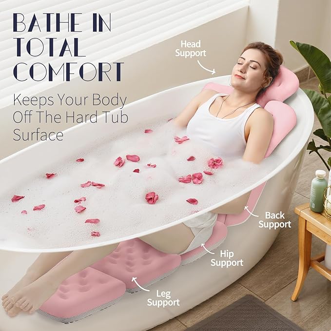 Full Body Bath Pillow for Bathtub, Thick Bathtub Cushion with Laundry Bag, Luxury Tub Pillow for Bath for Headrest Neck and Back Support Pink 60" x 16"