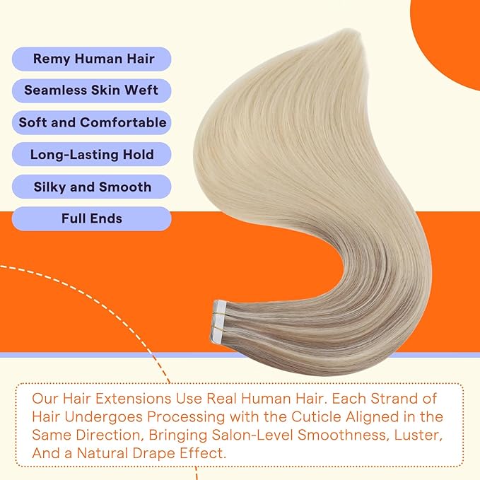 Full Shine Tape in Hair Extensions Human Hair Color 18 Ash Blonde Fading to 22 and 60 Blonde Balayage Remy Extensions 22 Inch Natural Straight Tape Ins Human Hair Extensions 20PCS 50grams for Wedding
